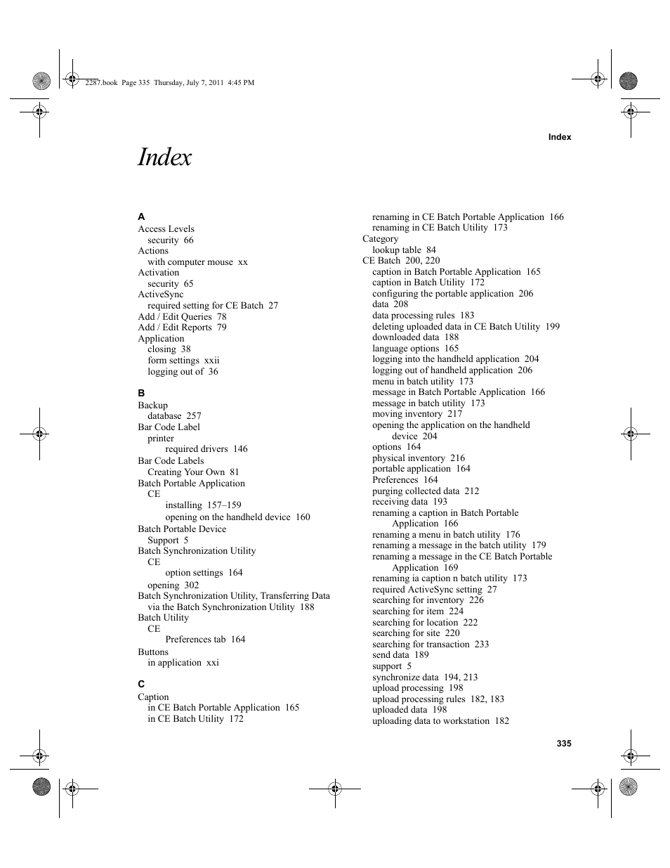 Index | IntelliTrack Inventory Management User Manual | Page 361 / 366