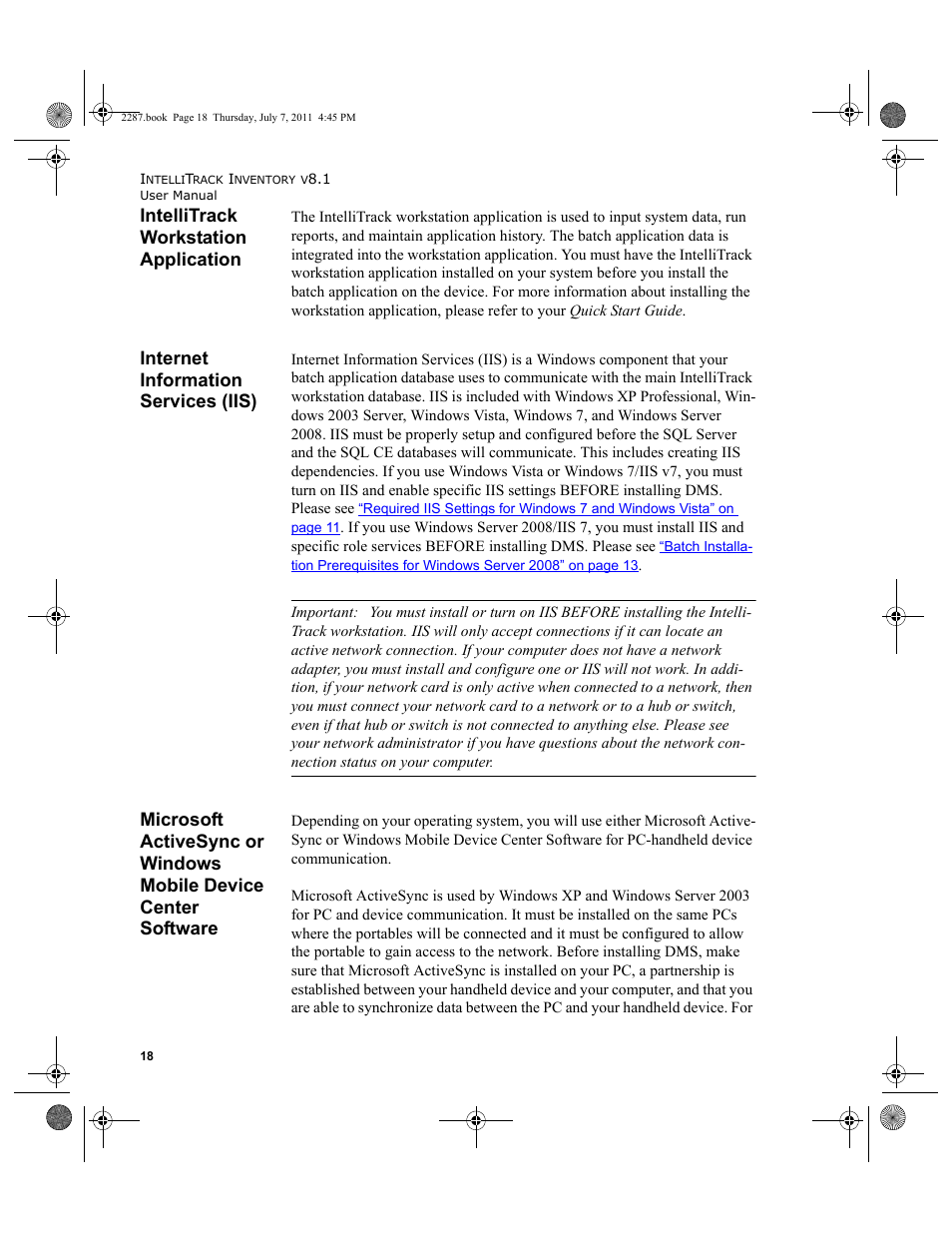 Intellitrack workstation application, Internet information services (iis), Microsoft activesync or windows mobile device | Center software | IntelliTrack Inventory Management User Manual | Page 44 / 366