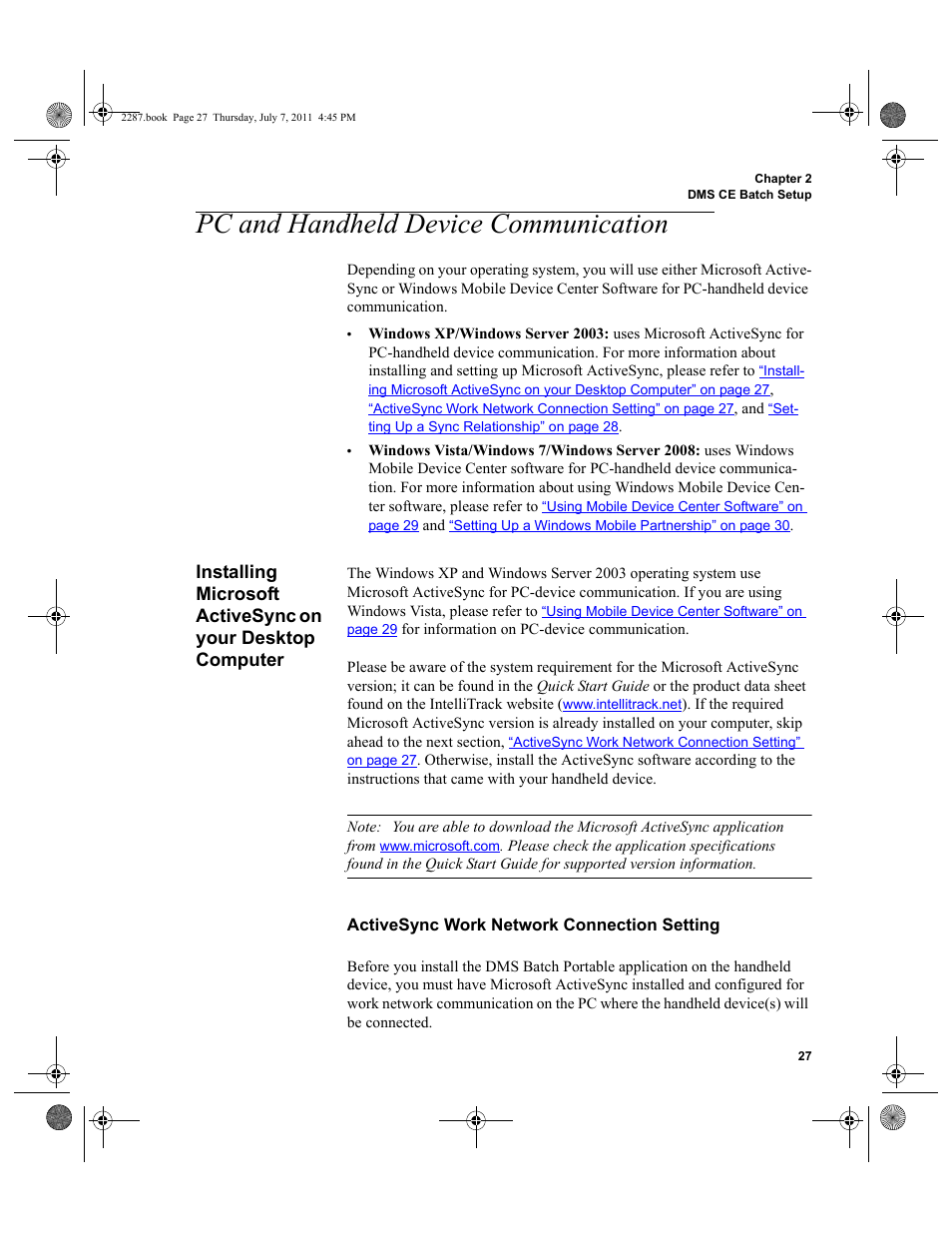 Pc and handheld device communication, Installing microsoft activesync on your desktop, Computer | Activesync work network connection setting, Please refer to, Activesync work network connection setting” on | IntelliTrack Inventory Management User Manual | Page 53 / 366