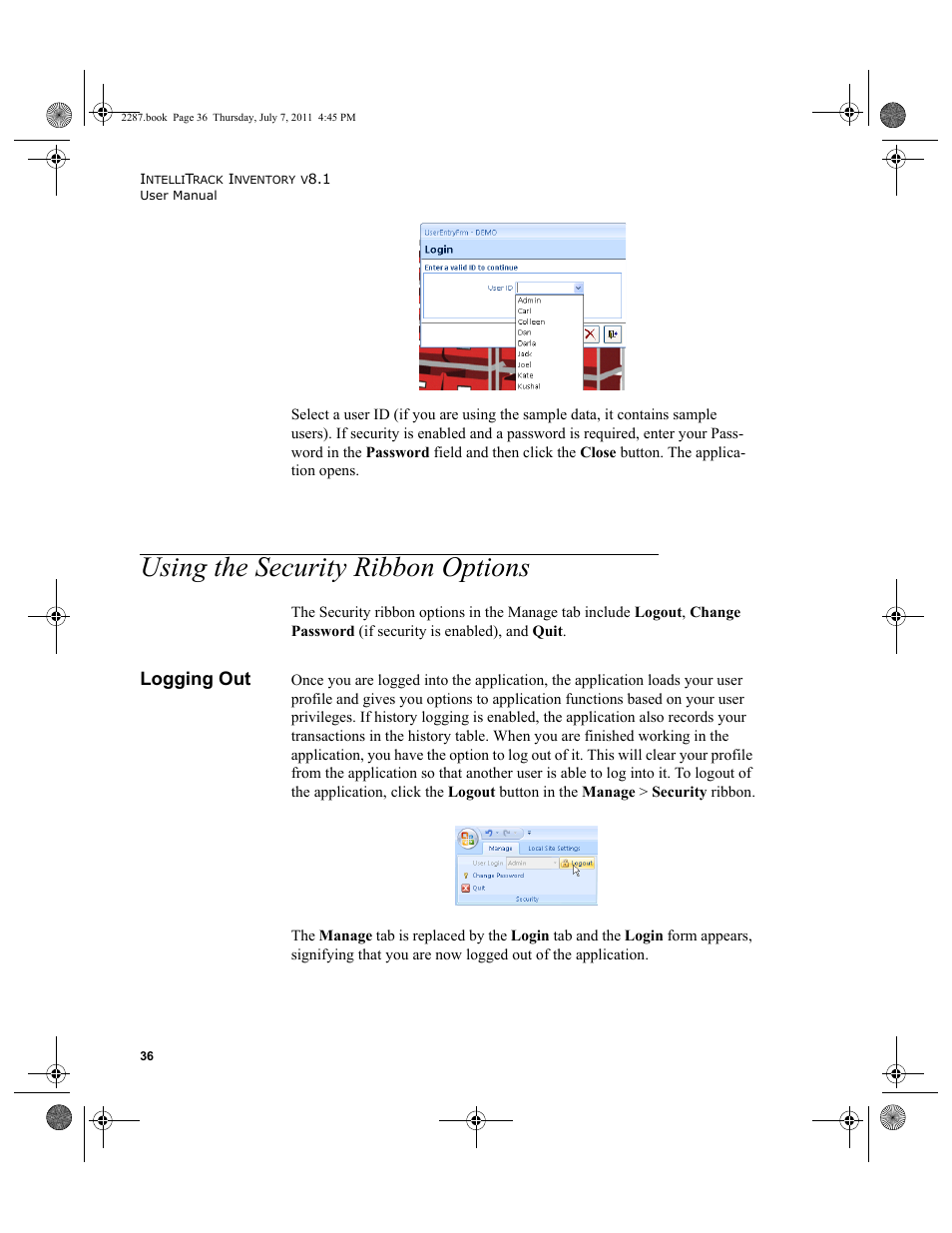 Using the security ribbon options, Logging out | IntelliTrack Inventory Management User Manual | Page 62 / 366