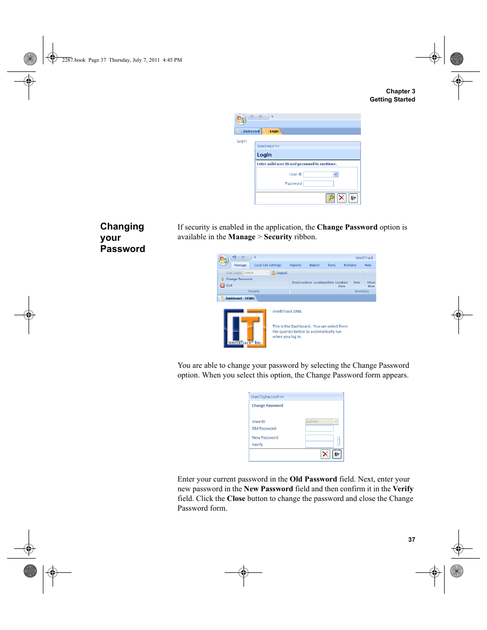 Changing your password | IntelliTrack Inventory Management User Manual | Page 63 / 366