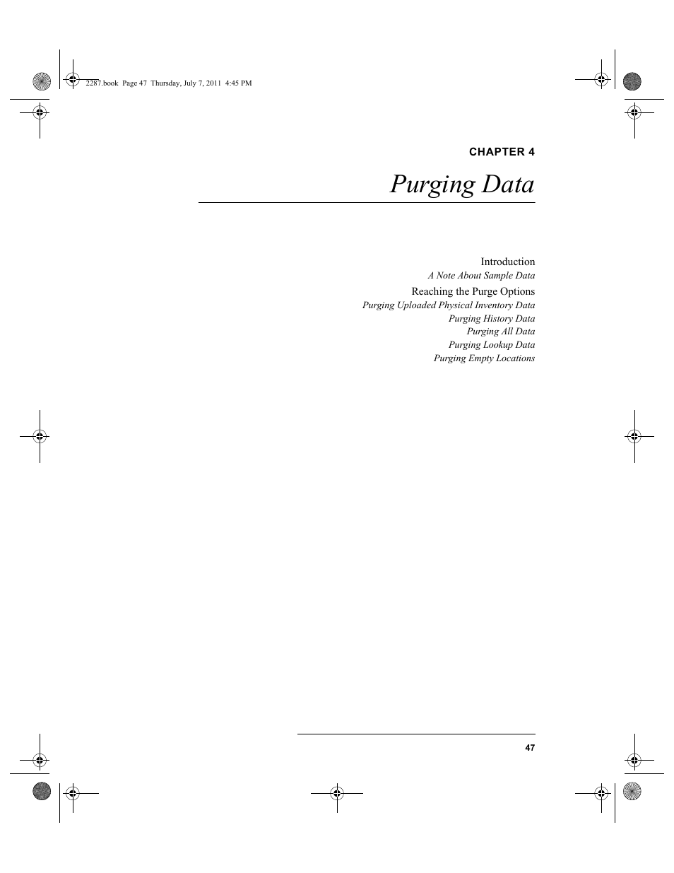 Chapter 4, Purging data, Chapter 4: purging data | Purg | IntelliTrack Inventory Management User Manual | Page 73 / 366