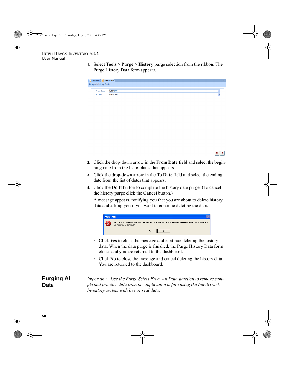 Purging all data | IntelliTrack Inventory Management User Manual | Page 76 / 366