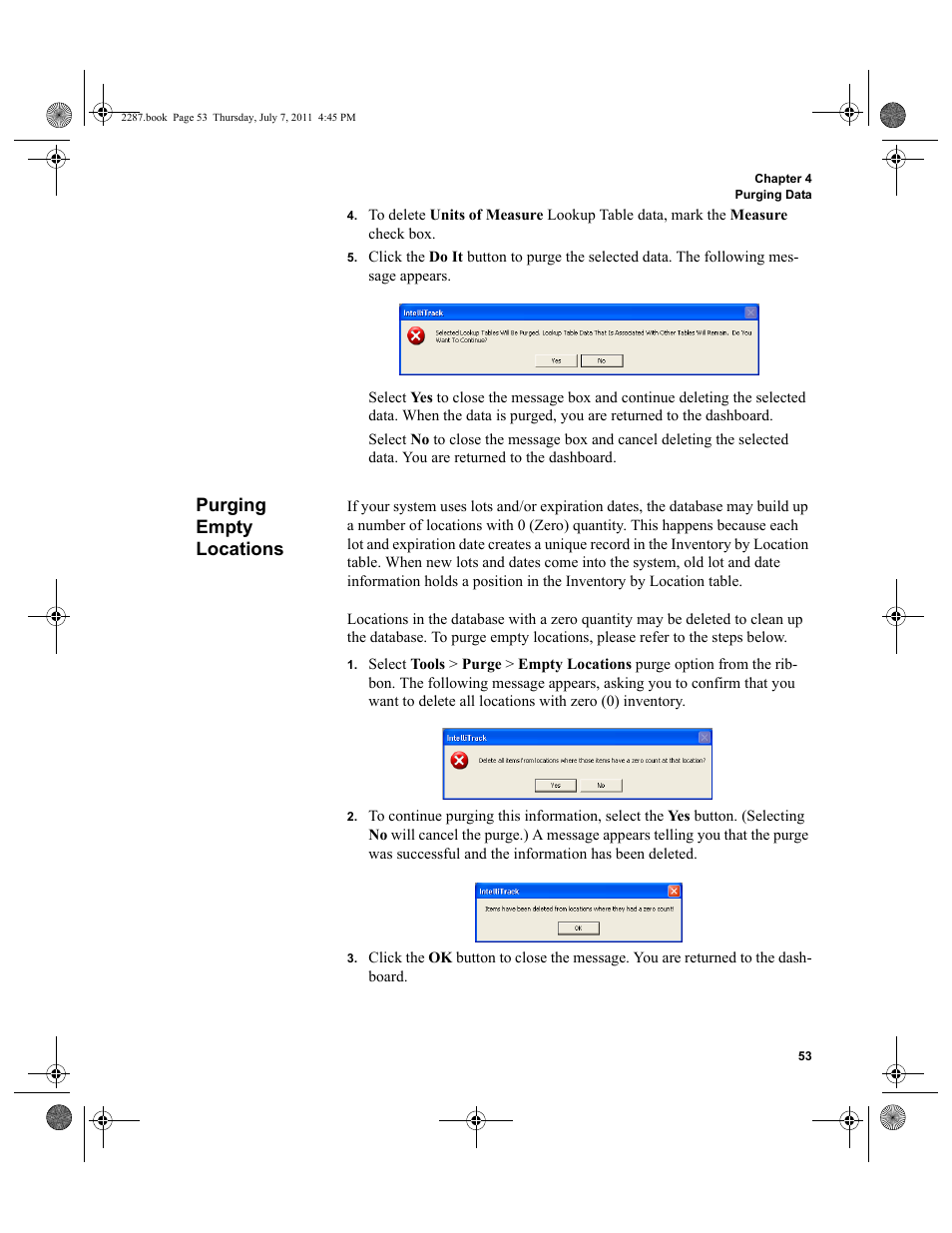 Purging empty locations | IntelliTrack Inventory Management User Manual | Page 79 / 366
