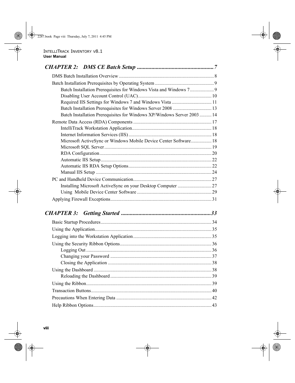 Chapter 2: dms ce batch setup, Chapter 3: getting started | IntelliTrack Inventory Management User Manual | Page 8 / 366
