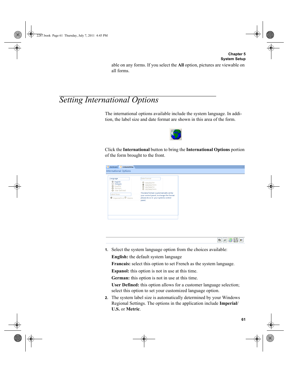 Setting international options | IntelliTrack Inventory Management User Manual | Page 87 / 366