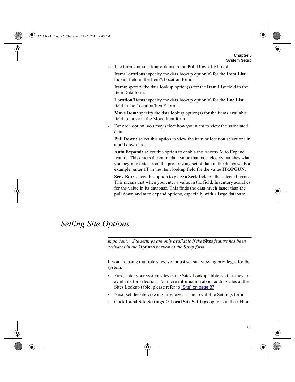 Setting site options | IntelliTrack Inventory Management User Manual | Page 89 / 366