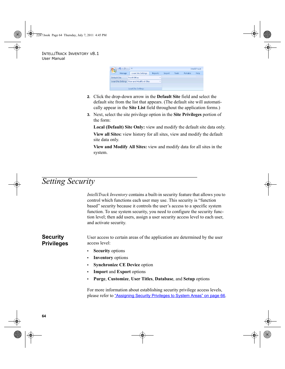 Setting security, Security privileges | IntelliTrack Inventory Management User Manual | Page 90 / 366