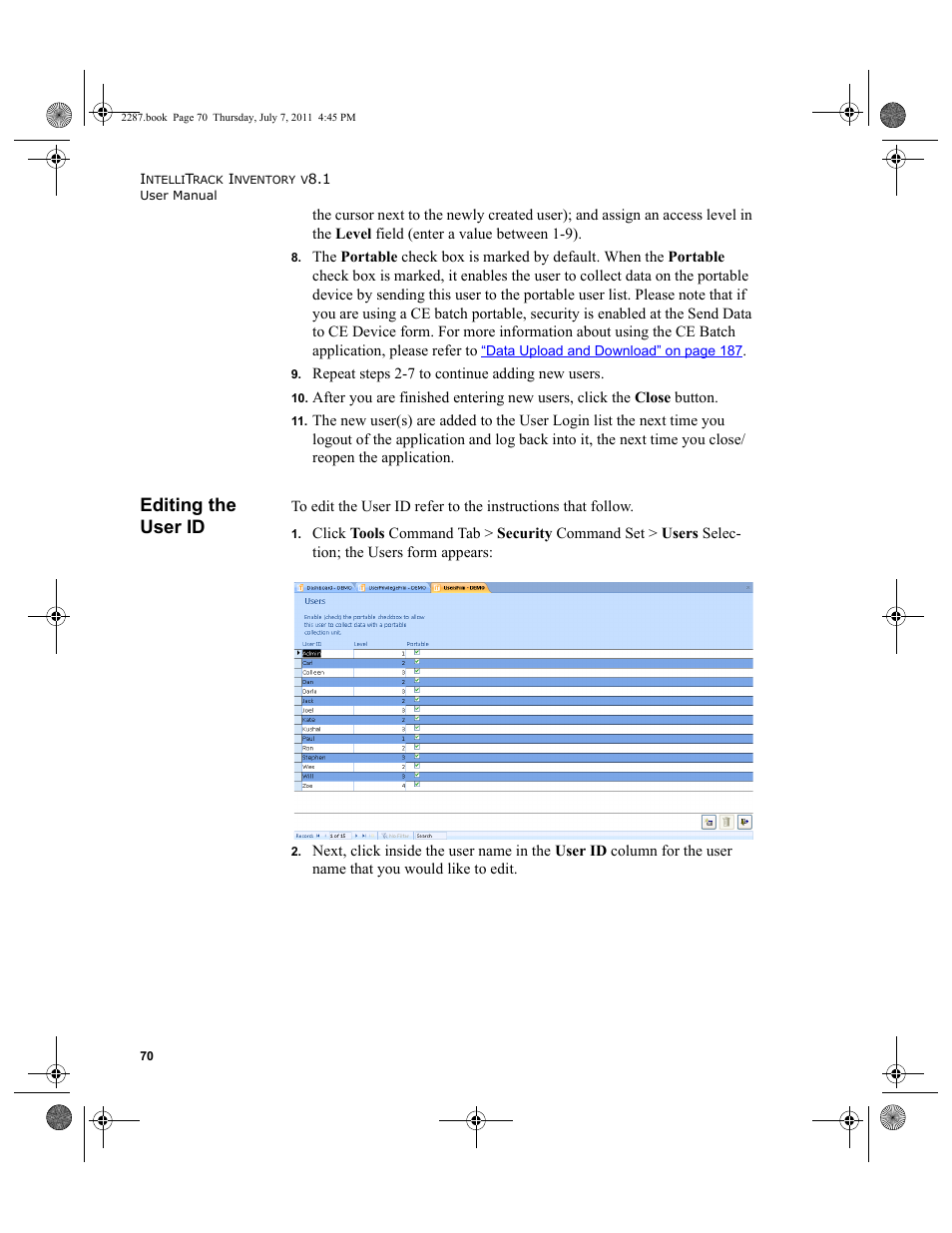 Editing the user id | IntelliTrack Inventory Management User Manual | Page 96 / 366