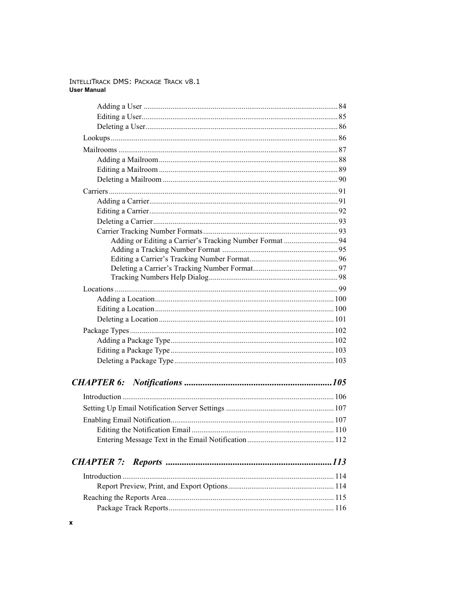 Chapter 6: notifications, Chapter 7: reports | IntelliTrack Package Track User Manual | Page 10 / 296