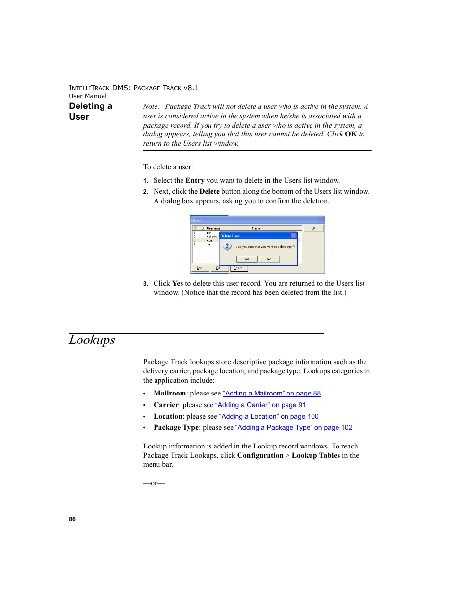 Deleting a user, Lookups | IntelliTrack Package Track User Manual | Page 100 / 296