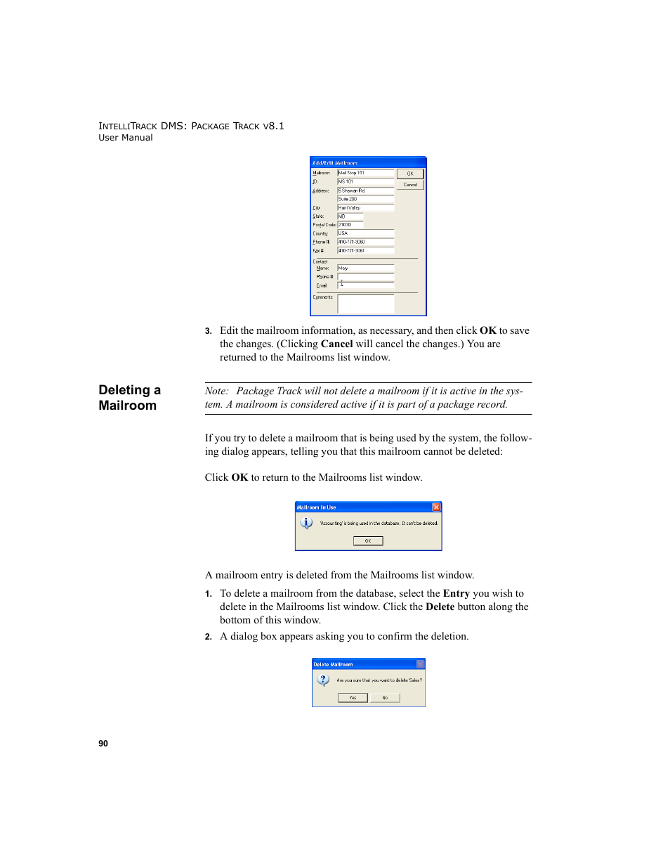 Deleting a mailroom | IntelliTrack Package Track User Manual | Page 104 / 296