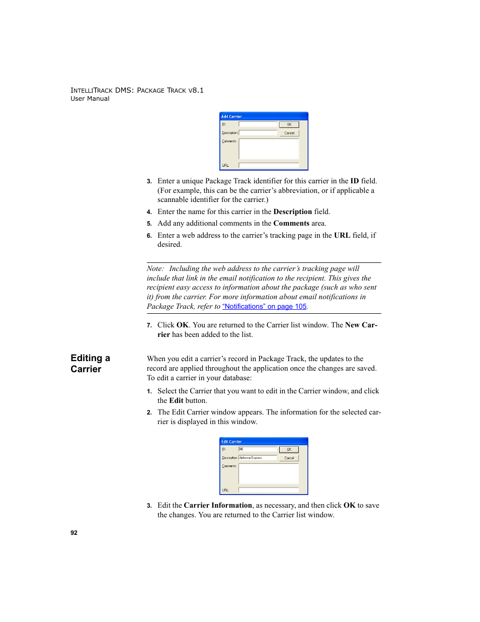 Editing a carrier | IntelliTrack Package Track User Manual | Page 106 / 296