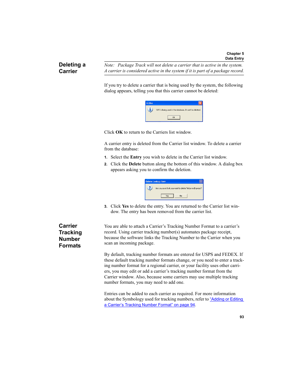 Deleting a carrier, Carrier tracking number formats, Deleting a carrier carrier tracking number formats | IntelliTrack Package Track User Manual | Page 107 / 296