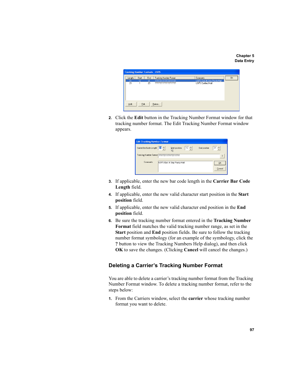 Deleting a carrier’s tracking number format | IntelliTrack Package Track User Manual | Page 111 / 296