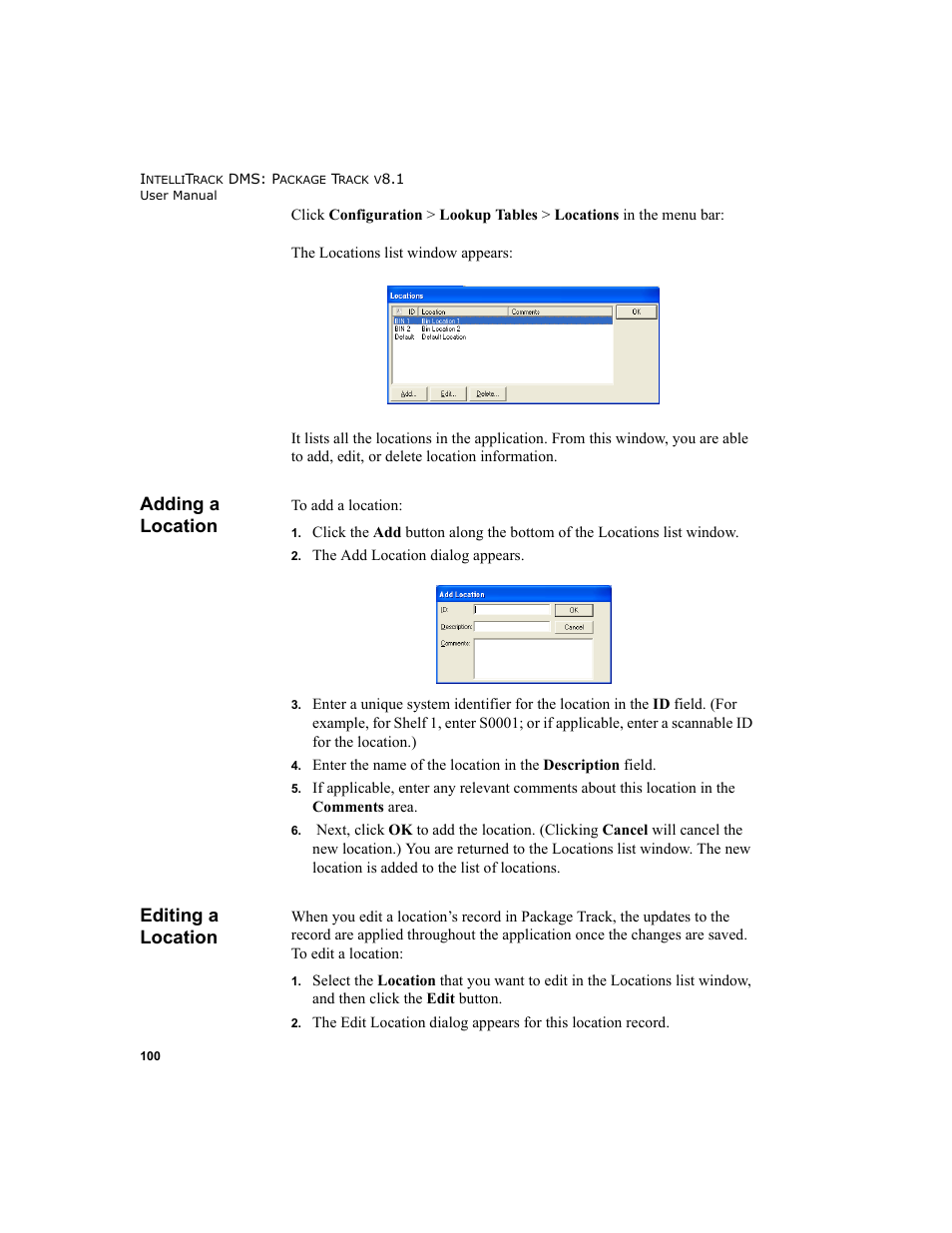 Adding a location, Editing a location, Adding a location editing a location | IntelliTrack Package Track User Manual | Page 114 / 296