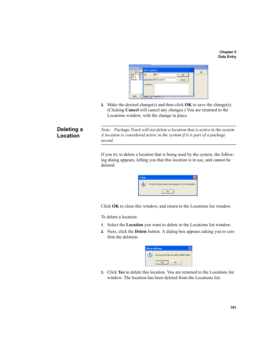Deleting a location | IntelliTrack Package Track User Manual | Page 115 / 296