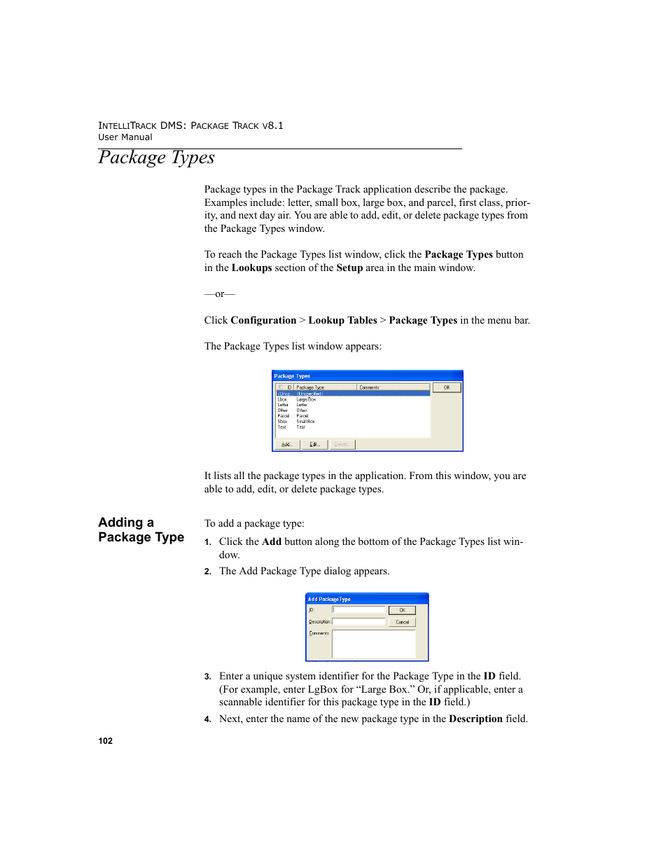 Package types, Adding a package type | IntelliTrack Package Track User Manual | Page 116 / 296
