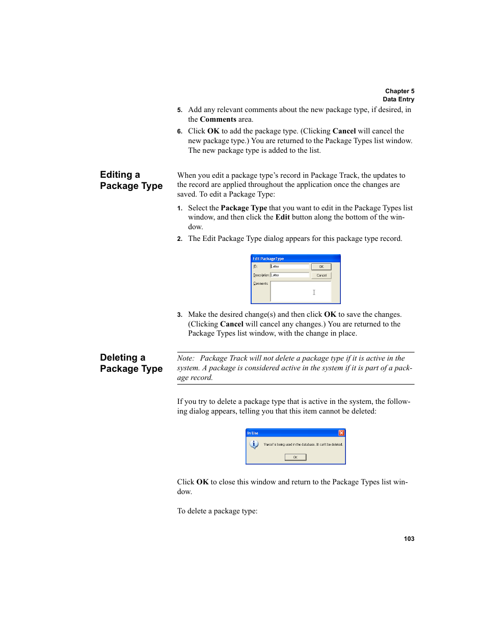 Editing a package type, Deleting a package type, Editing a package type deleting a package type | IntelliTrack Package Track User Manual | Page 117 / 296