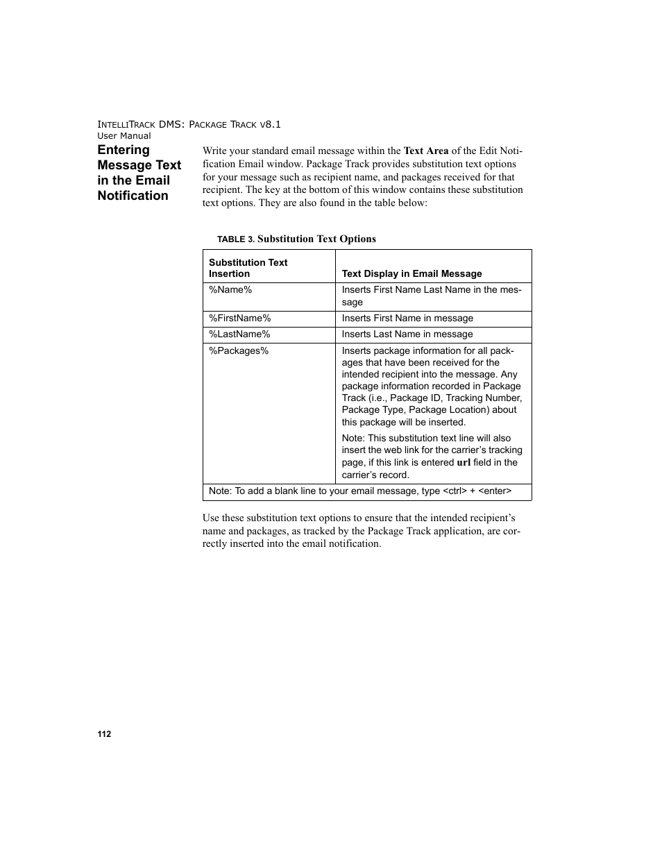 Entering message text in the email notification | IntelliTrack Package Track User Manual | Page 126 / 296