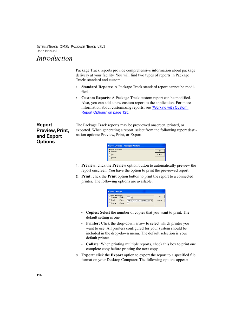 Introduction, Report preview, print, and export options | IntelliTrack Package Track User Manual | Page 128 / 296