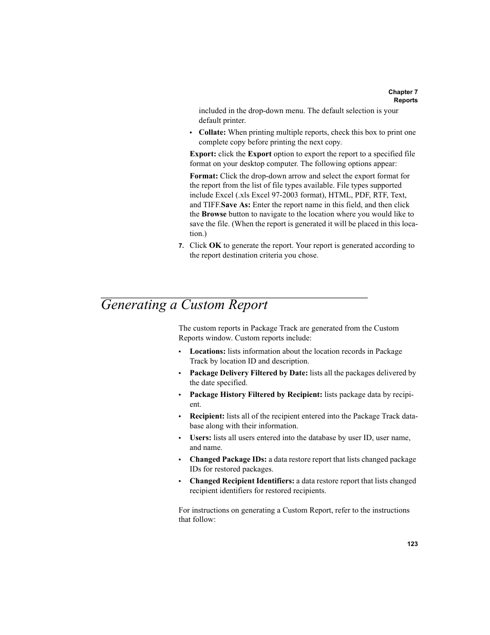Generating a custom report, Generating a custom report” on | IntelliTrack Package Track User Manual | Page 137 / 296