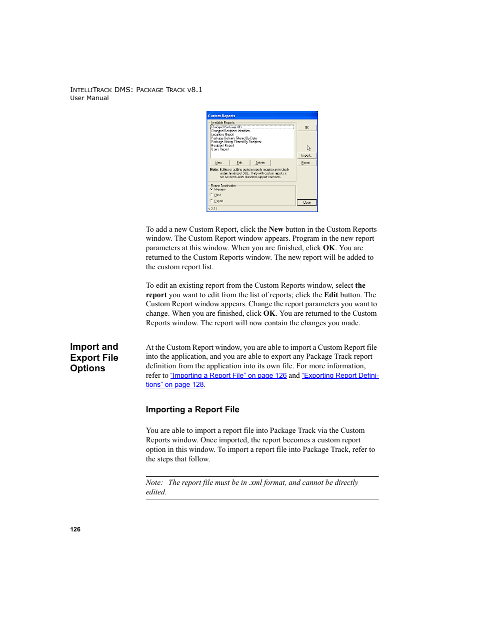 Import and export file options, Importing a report file | IntelliTrack Package Track User Manual | Page 140 / 296