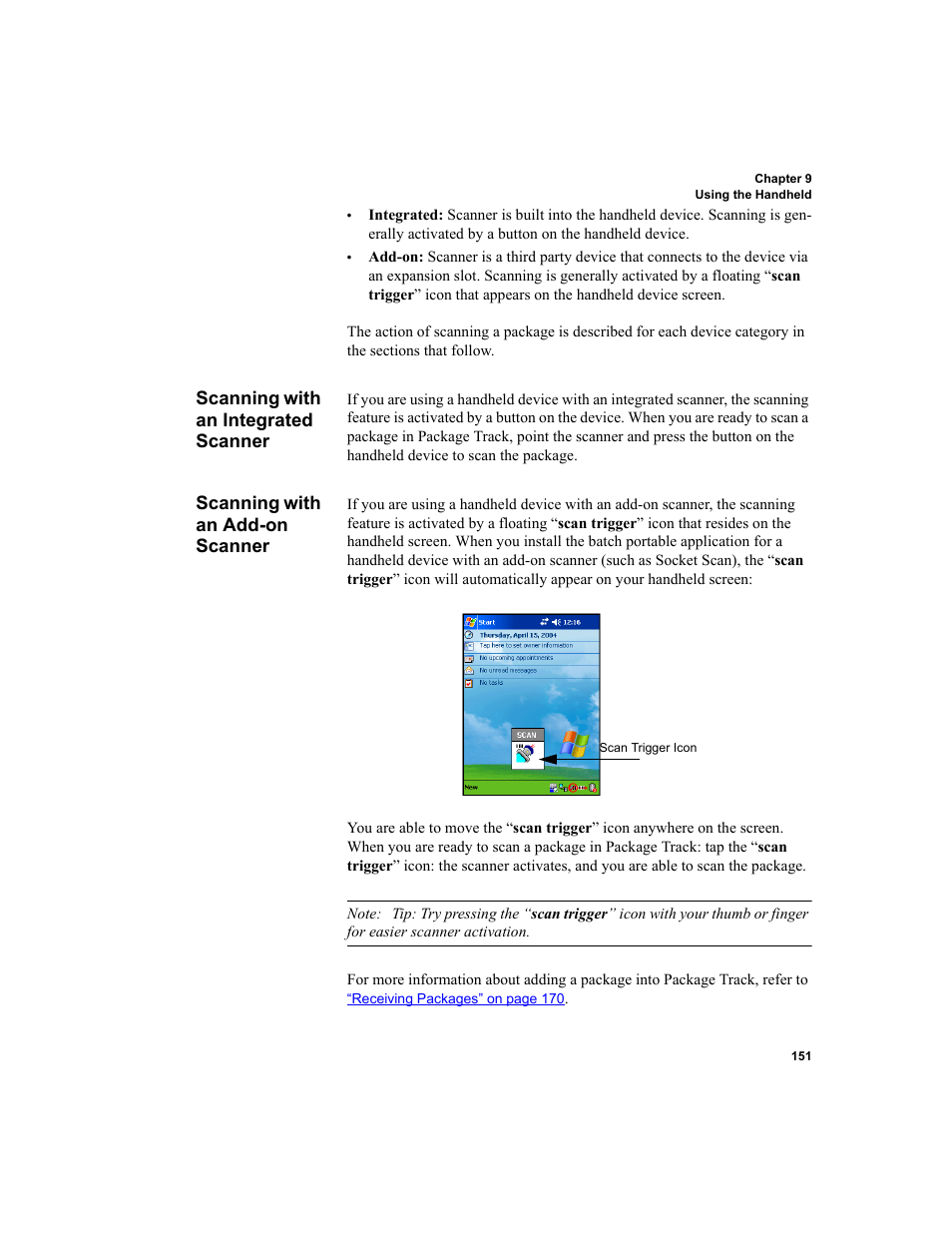 Scanning with an integrated scanner, Scanning with an add-on scanner | IntelliTrack Package Track User Manual | Page 165 / 296