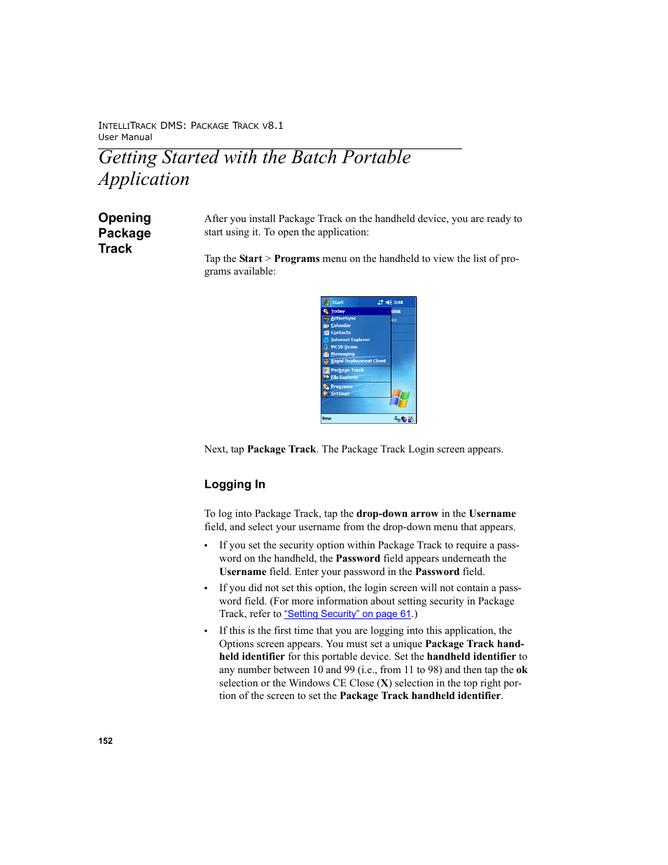 Opening package track, Logging in | IntelliTrack Package Track User Manual | Page 166 / 296