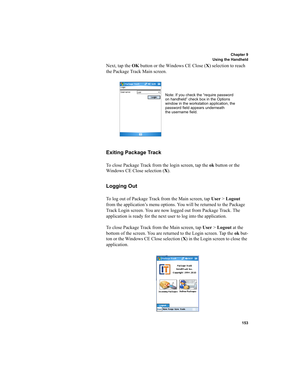 Exiting package track, Logging out | IntelliTrack Package Track User Manual | Page 167 / 296