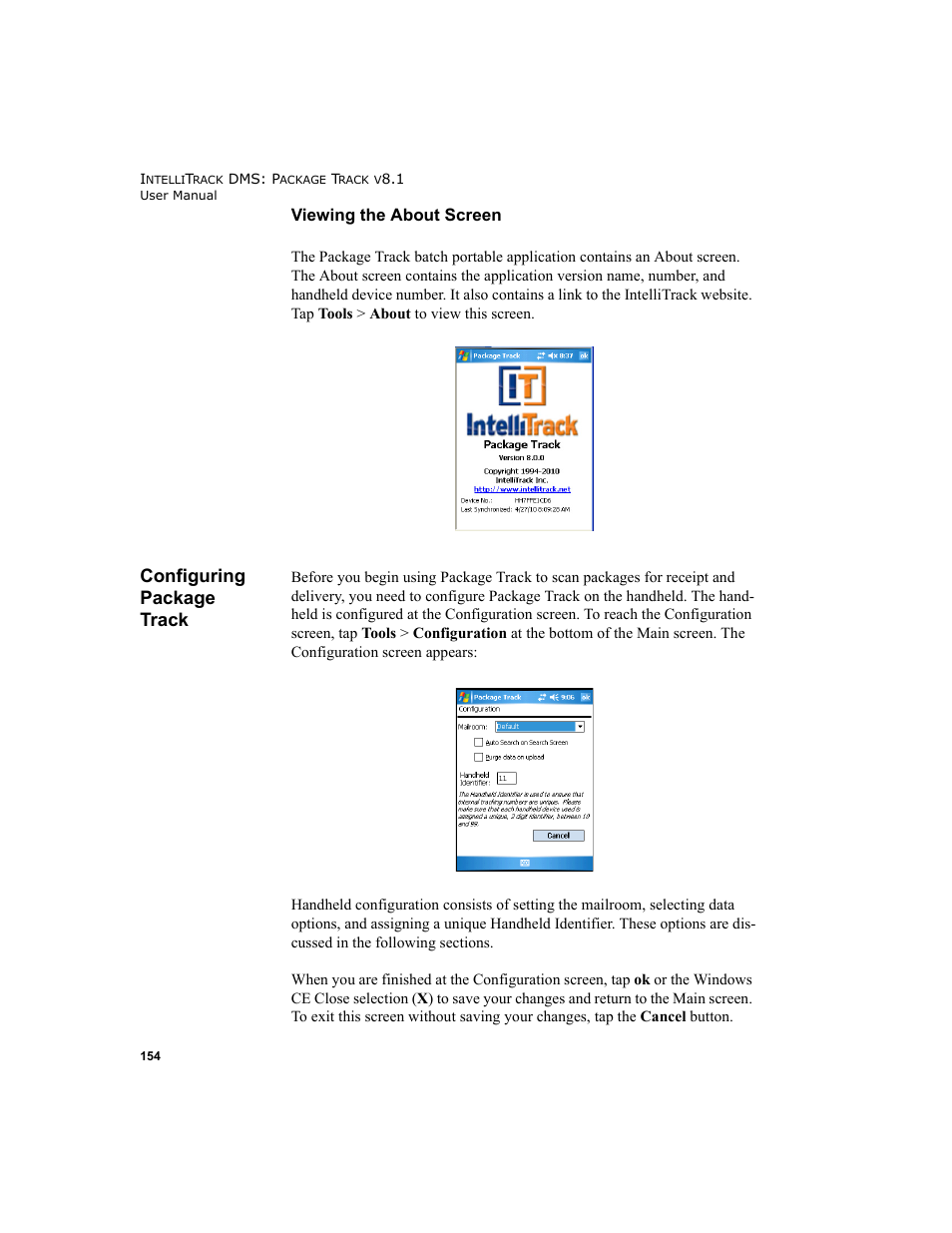 Configuring package track, Viewing the about screen | IntelliTrack Package Track User Manual | Page 168 / 296