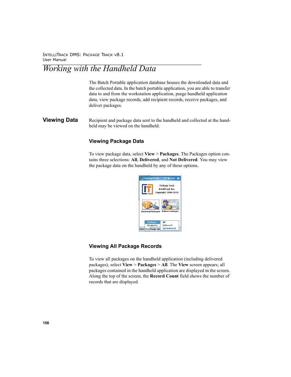 Working with the handheld data, Viewing data, Viewing package data viewing all package records | IntelliTrack Package Track User Manual | Page 170 / 296