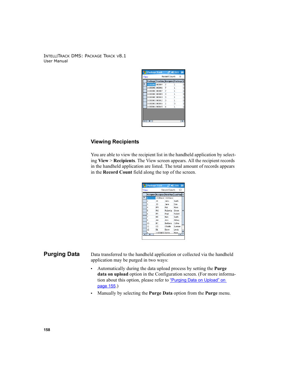 Purging data, Viewing recipients, Please refer to | IntelliTrack Package Track User Manual | Page 172 / 296
