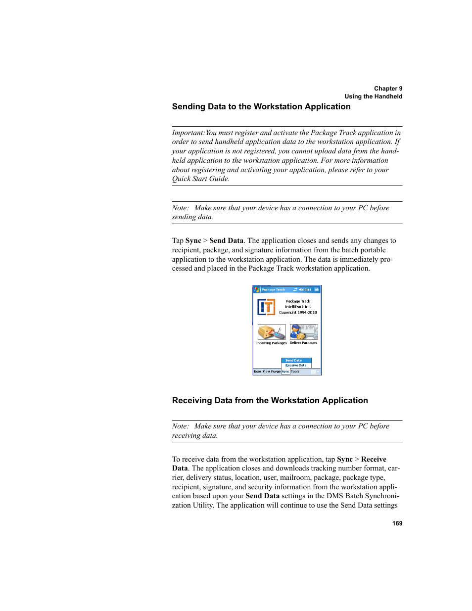 Sending data to the workstation, Receiv | IntelliTrack Package Track User Manual | Page 183 / 296