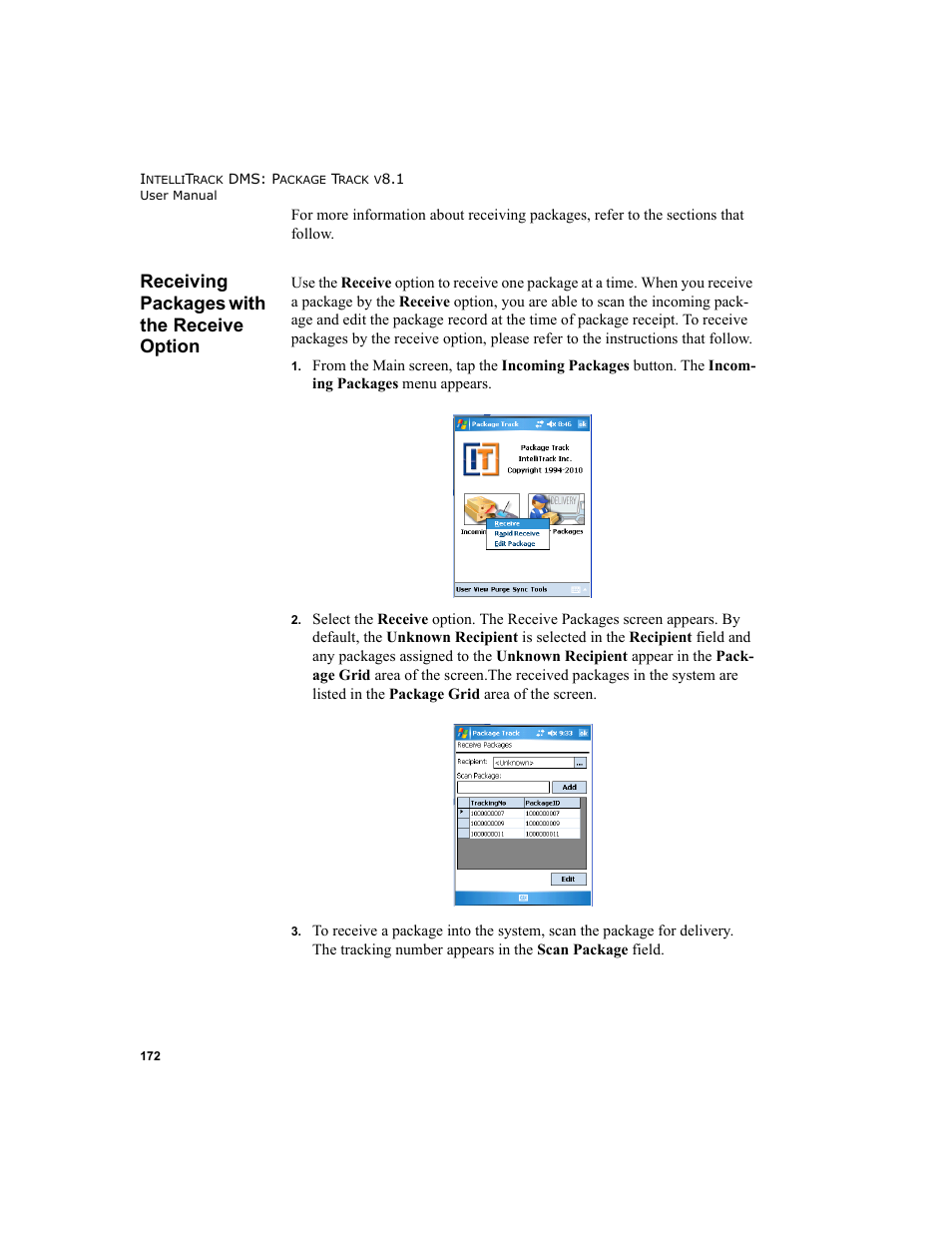 Receiving packages with the receive option | IntelliTrack Package Track User Manual | Page 186 / 296