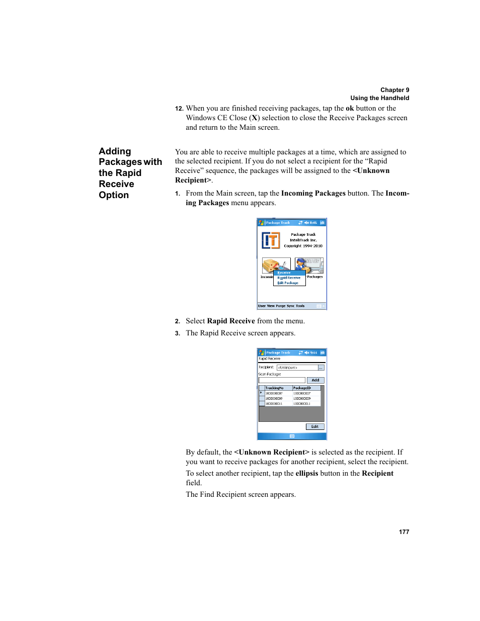 Adding packages with the rapid receive option | IntelliTrack Package Track User Manual | Page 191 / 296