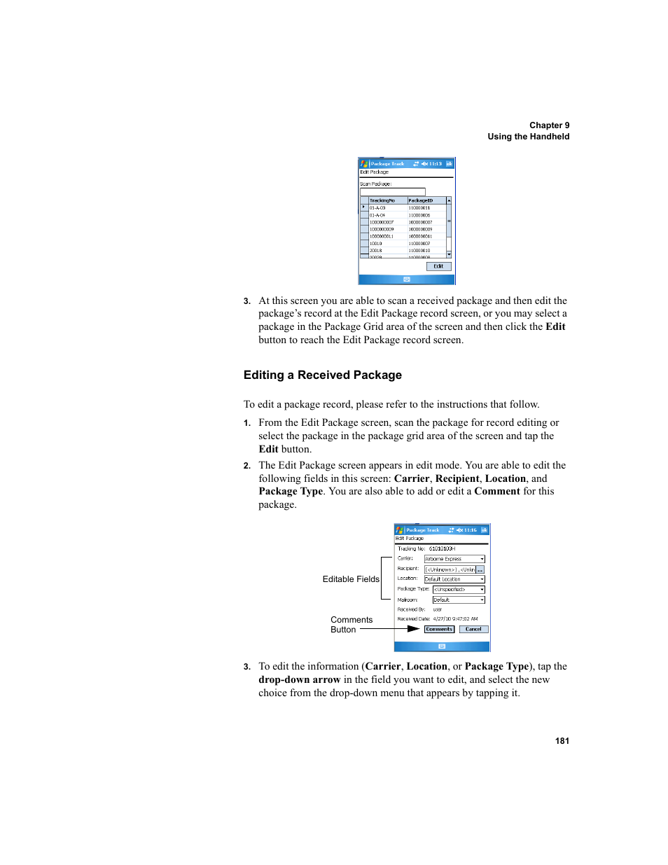 Editing a received package | IntelliTrack Package Track User Manual | Page 195 / 296