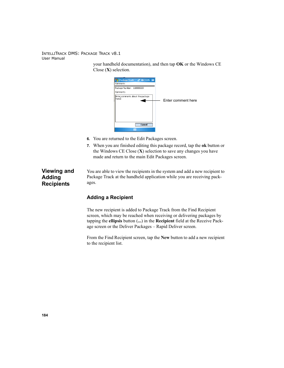 Viewing and adding recipients, Adding a recipient | IntelliTrack Package Track User Manual | Page 198 / 296