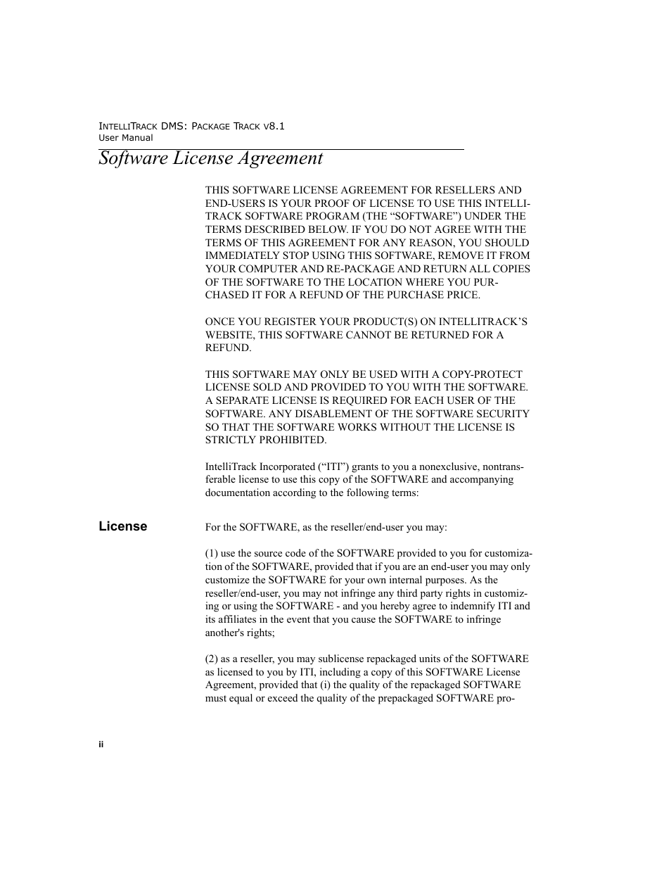 Software license agreement, License | IntelliTrack Package Track User Manual | Page 2 / 296