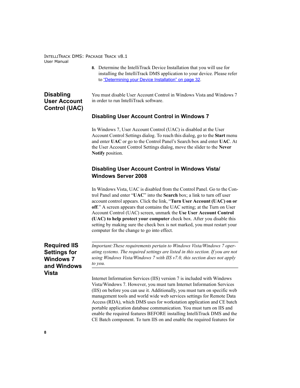 Disabling user account control (uac), Please refer to, Required iis settings for windows 7 and windows | IntelliTrack Package Track User Manual | Page 22 / 296