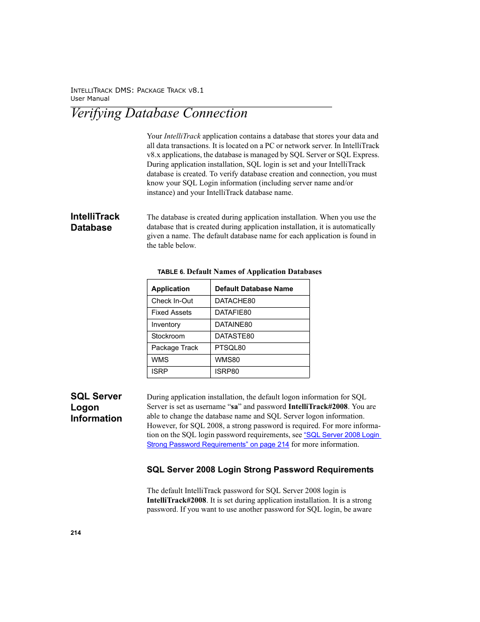 Verifying database connection, Intellitrack database, Sql server logon information | Intellitrack database sql server logon information, Sql server 2008 login strong password requirements | IntelliTrack Package Track User Manual | Page 228 / 296