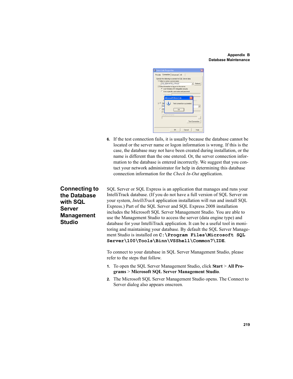 Connecting to the database with sql server, Management studio | IntelliTrack Package Track User Manual | Page 233 / 296