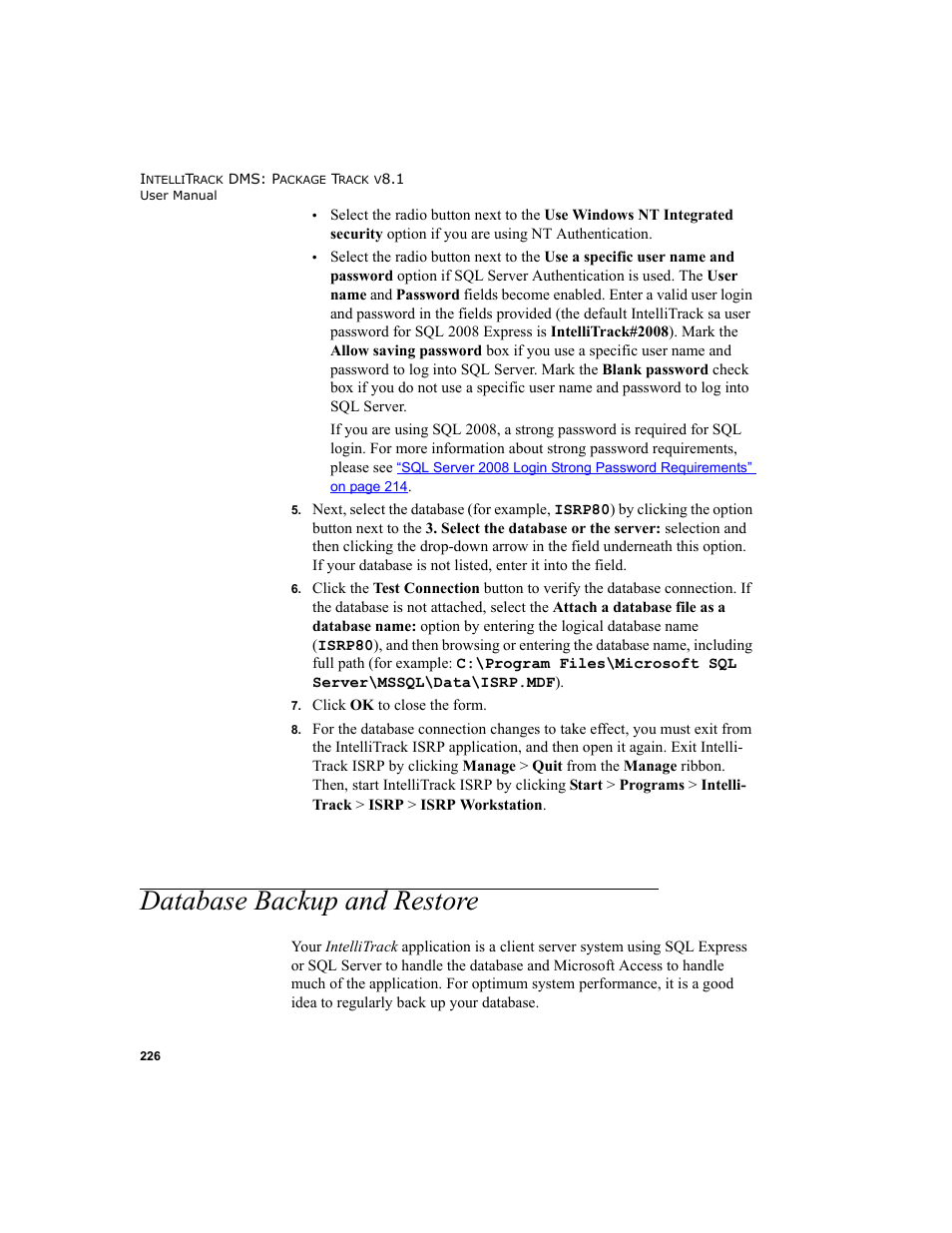 Database backup and restore | IntelliTrack Package Track User Manual | Page 240 / 296