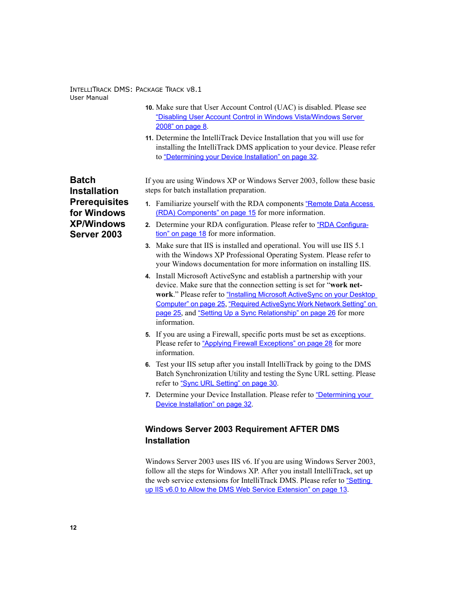 Batch installation prerequisites, Windows server 2003 requirement after | IntelliTrack Package Track User Manual | Page 26 / 296