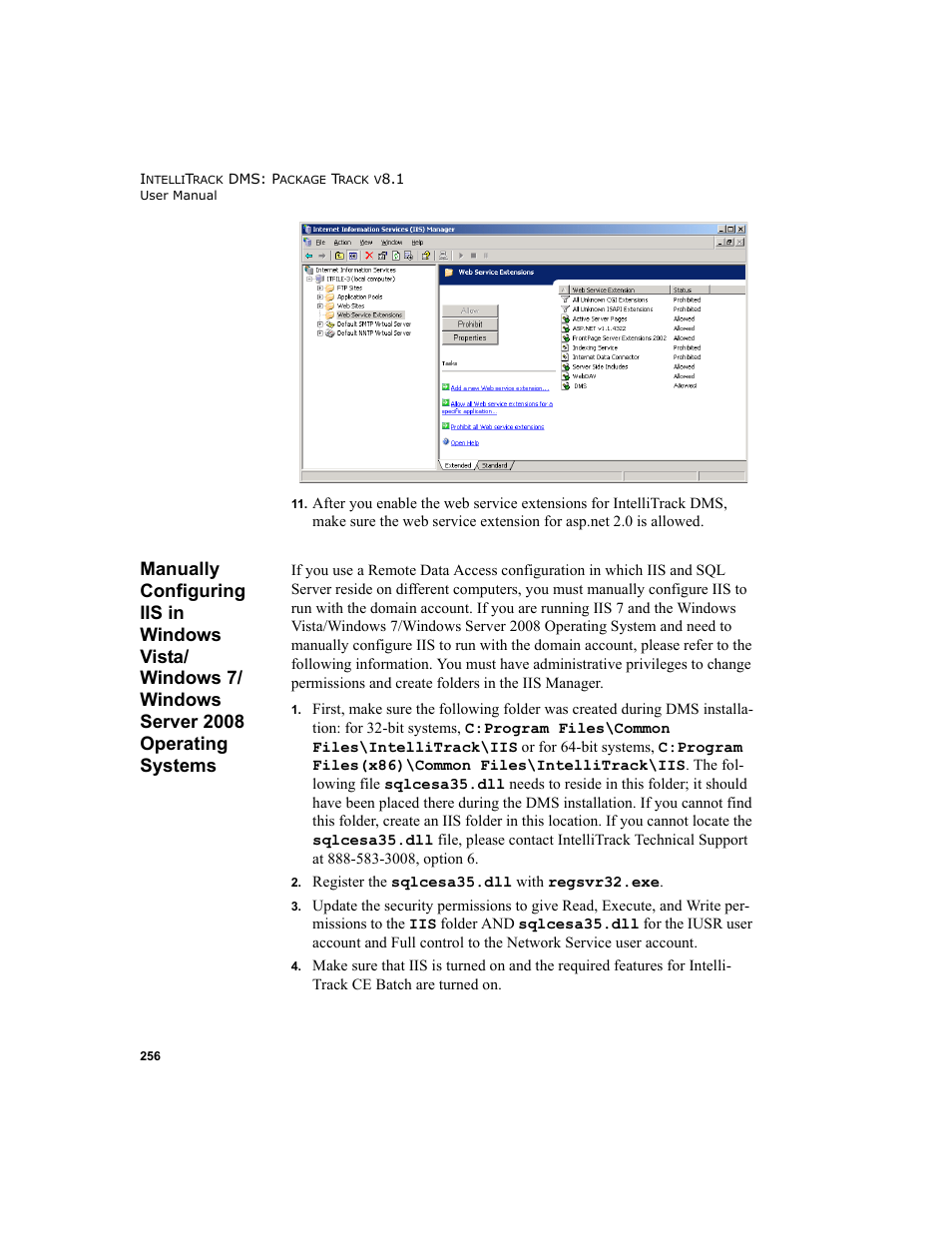 Manually configuring iis in windows vista, Manually configuring iis in windows vista/windows, 7/windows server 2008 operating systems | IntelliTrack Package Track User Manual | Page 270 / 296