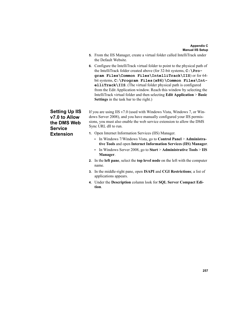 Setting up iis v7.0 to allow the dms web service, Extension | IntelliTrack Package Track User Manual | Page 271 / 296