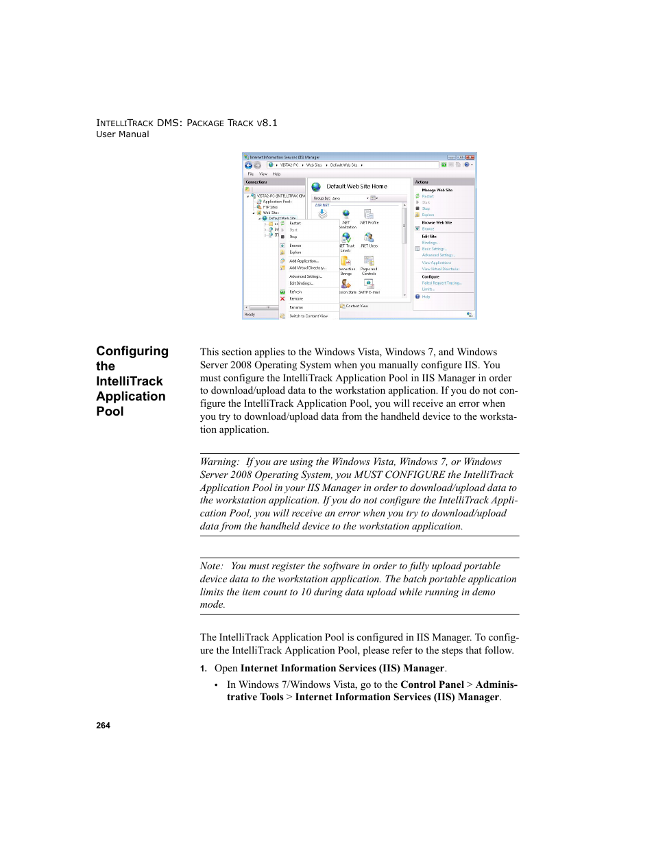 Configuring the intellitrack application pool, Configuring the intelli | IntelliTrack Package Track User Manual | Page 278 / 296