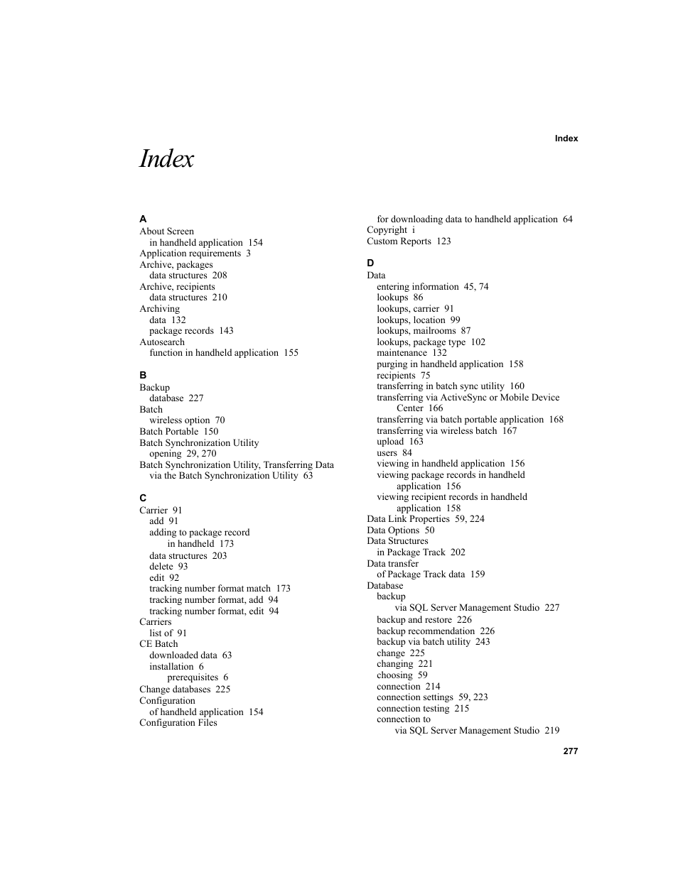 Index | IntelliTrack Package Track User Manual | Page 291 / 296