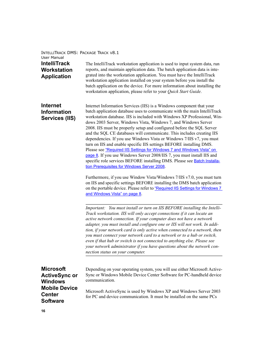 Intellitrack workstation application, Internet information services (iis) | IntelliTrack Package Track User Manual | Page 30 / 296