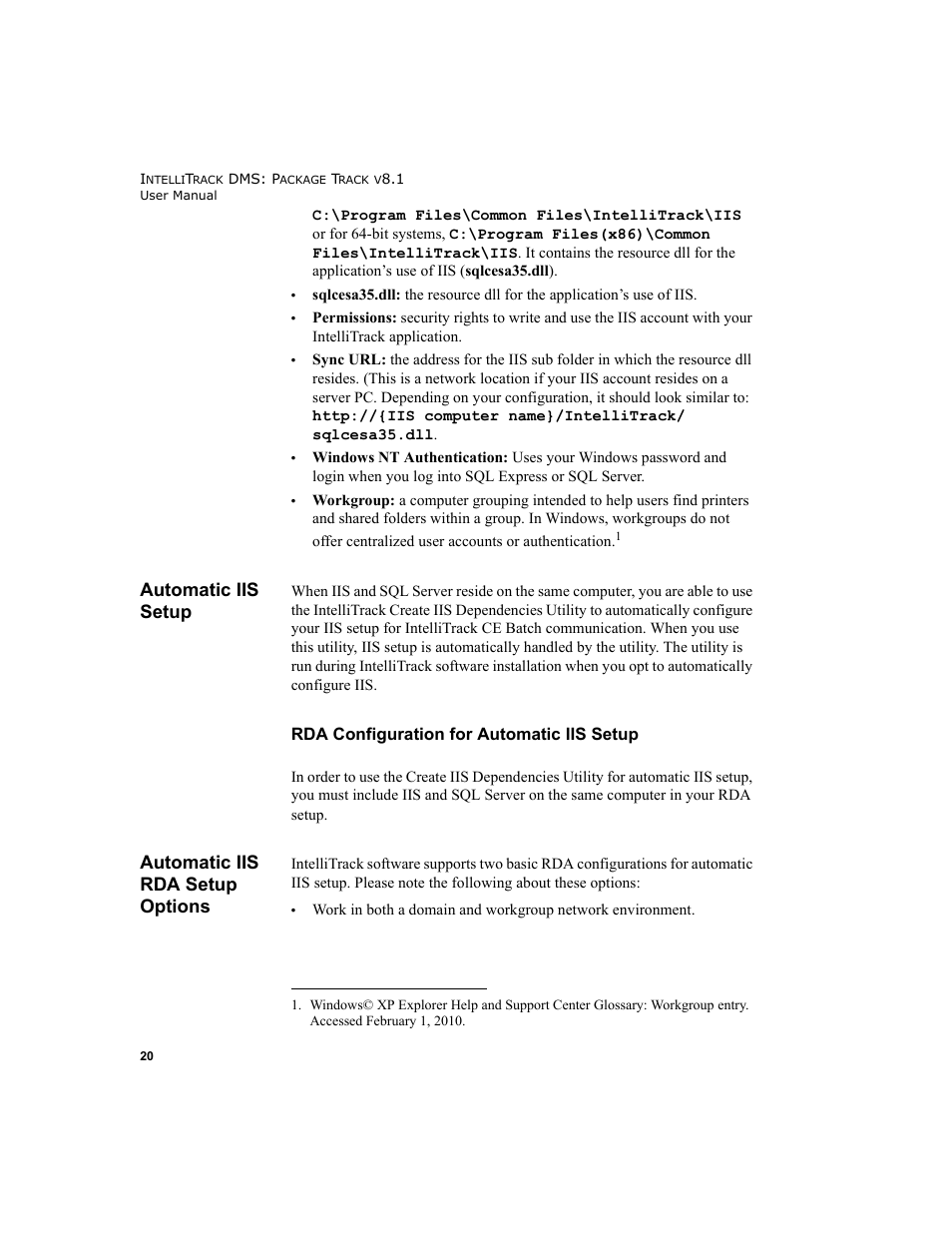 Automatic iis setup, Automatic iis rda setup options, Rda configuration for automatic iis setup | IntelliTrack Package Track User Manual | Page 34 / 296